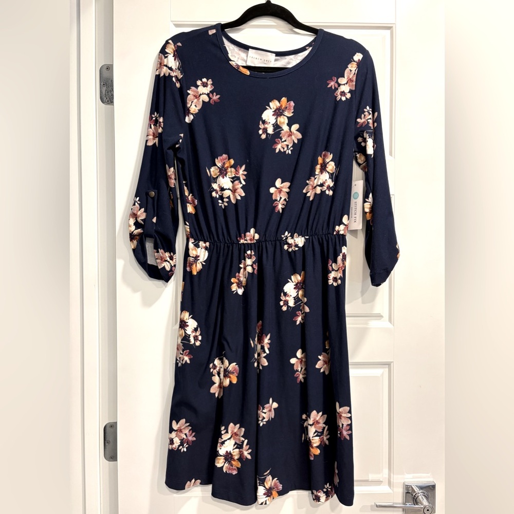 French Grey Murphy Brushed Knit Dress Womens Large Navy Floral Modest NWT